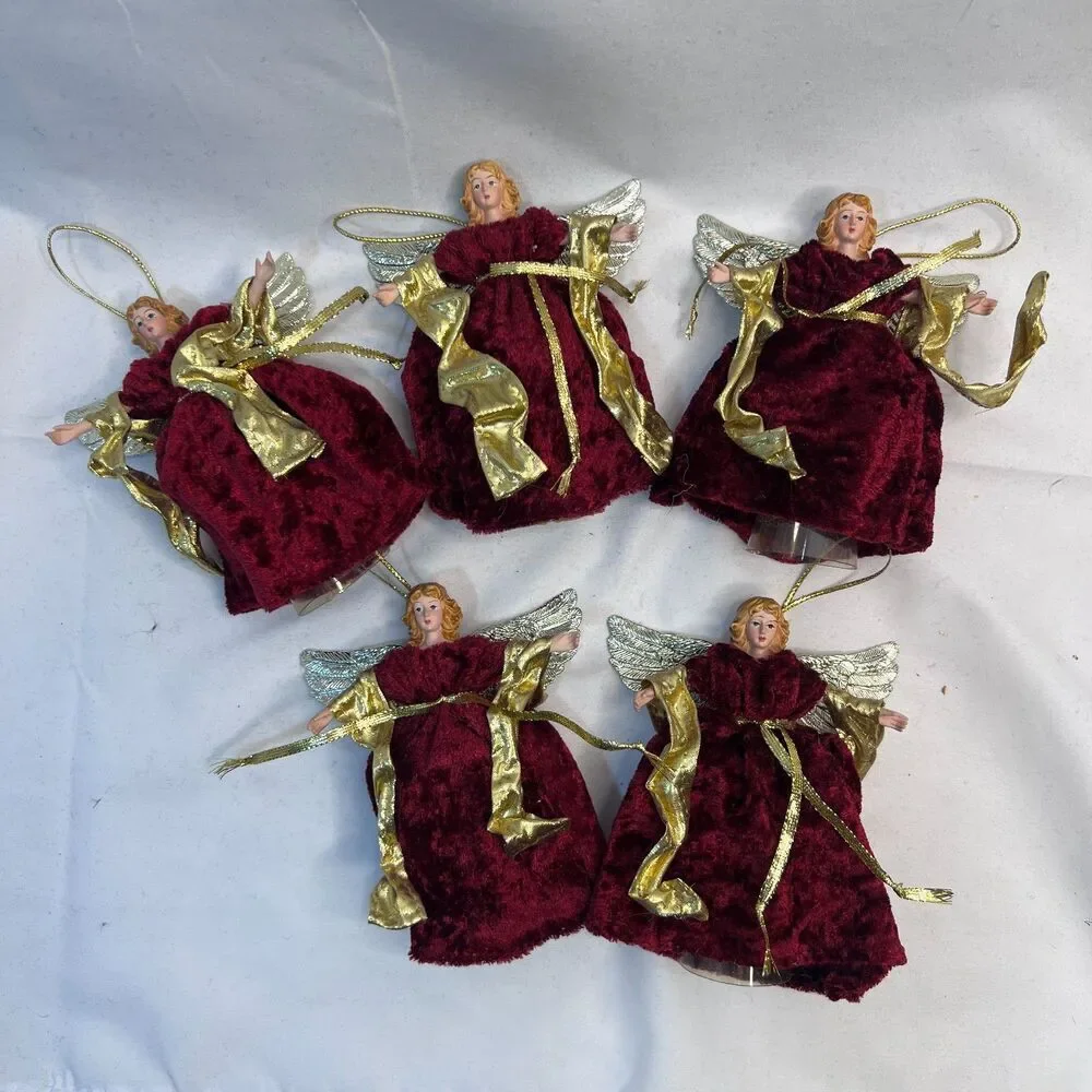 Christmas Ornaments‎ Angels Lot of 5 Red Velvet Gowns Free Standing Hanging